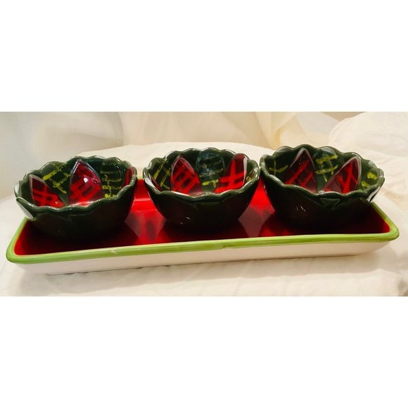 SCM Designs Poinsettia Small Dip Bowls with Matching Ceramic Tray - Picture 2 of 6